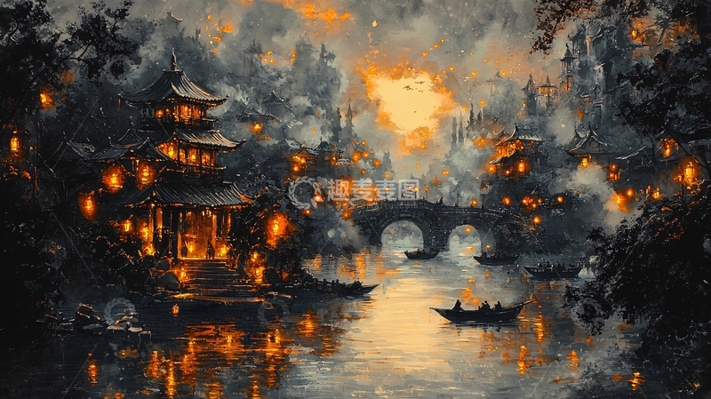 高清大图下载【趣麦麦图】水墨画风格夜景