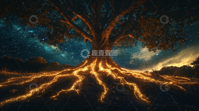 高清大图下载【趣麦麦图】星空下的发光树根