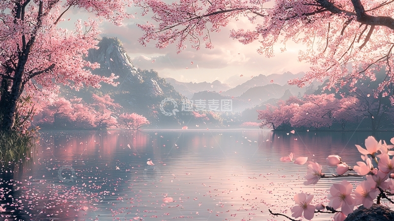 高清大图下载【趣麦麦图】樱花湖畔的唯美景色