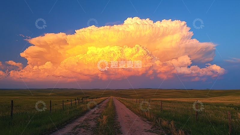 高清大图下载【趣麦麦图】落日余晖下的草原云朵