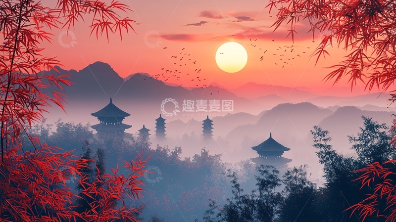 高清大图下载【趣麦麦图】日出山景红叶寺庙