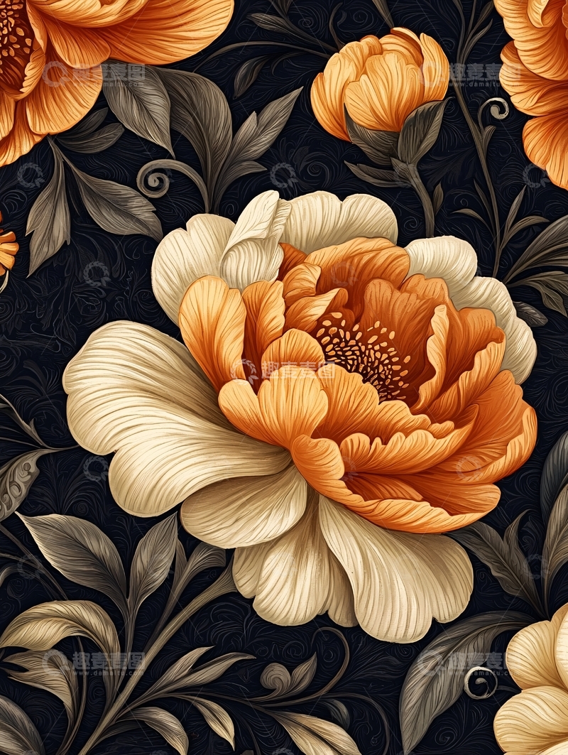 高清大图下载【趣麦麦图】暗色背景下的橙色牡丹花纹