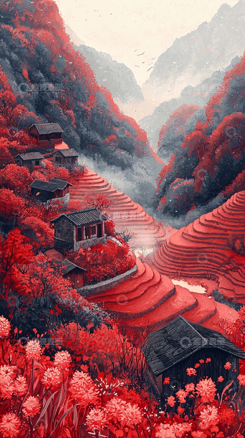 高清大图下载【趣麦麦图】红枫层叠梯田山村