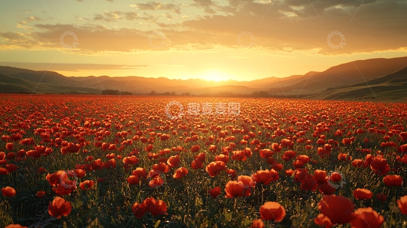 高清大图下载【趣麦麦图】日落时分红色罂粟花田