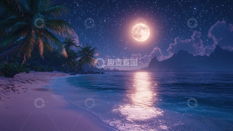高清大图下载【趣麦麦图】月夜海滩椰树风景
