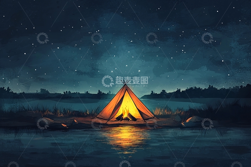 高清大图下载【趣麦麦图】星空下湖边篝火帐篷