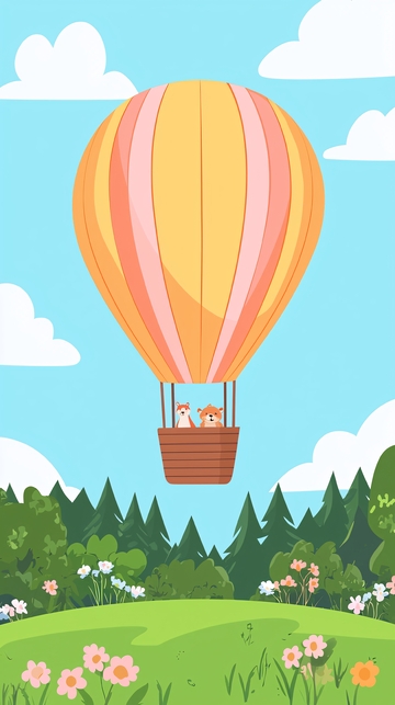 卡通热气球动物风景