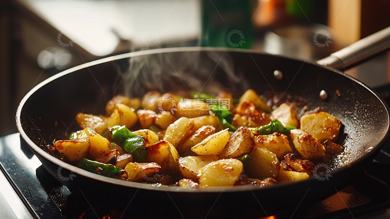 高清大图下载【趣麦麦图】锅中烹饪的土豆和蔬菜