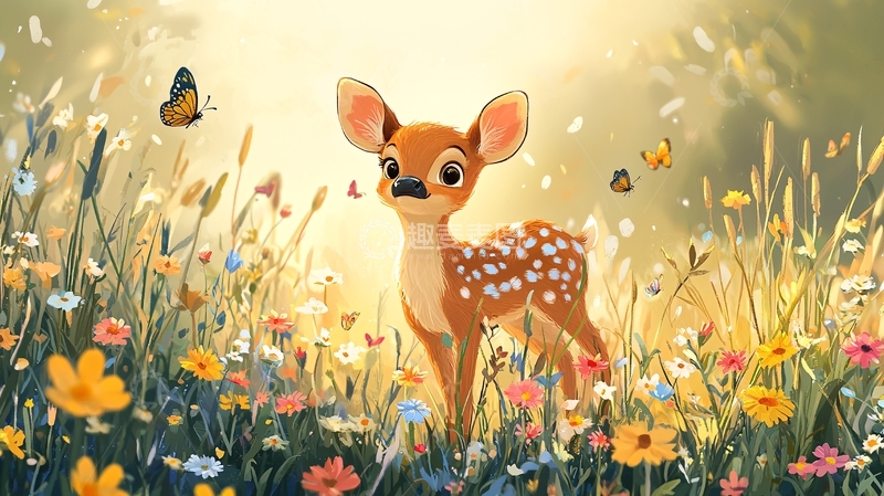 高清大图下载【趣麦麦图】小鹿在花丛中