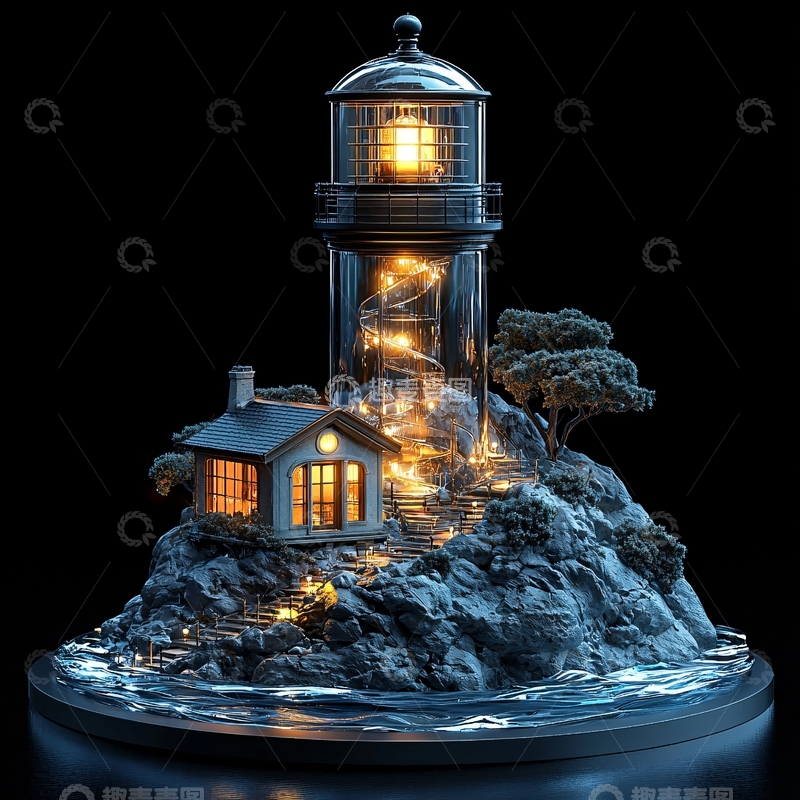 高清大图下载【趣麦麦图】微型灯塔和房屋场景