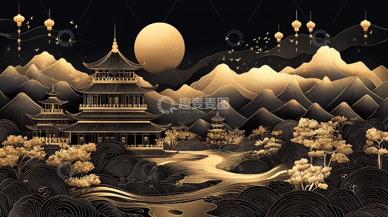 高清大图下载【趣麦麦图】金色山水楼阁月亮意境