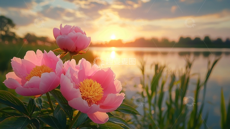 高清大图下载【趣麦麦图】日落湖边粉红色牡丹花