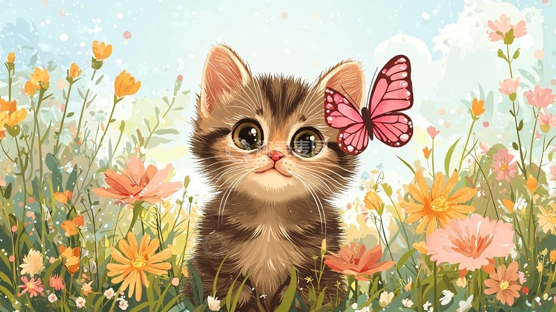 高清大图下载【趣麦麦图】可爱小猫花丛蝴蝶
