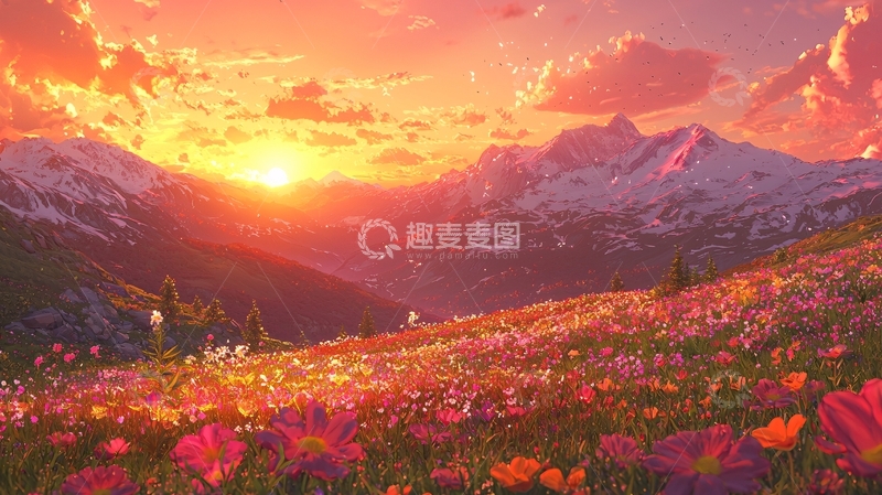 高清大图下载【趣麦麦图】日落雪山花海