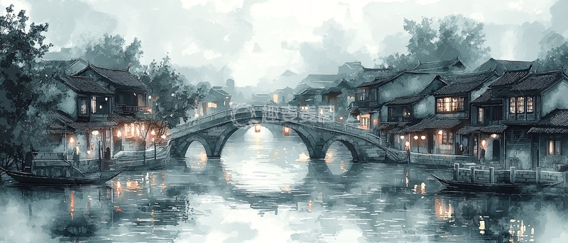 高清大图下载【趣麦麦图】水墨江南小镇拱桥流水