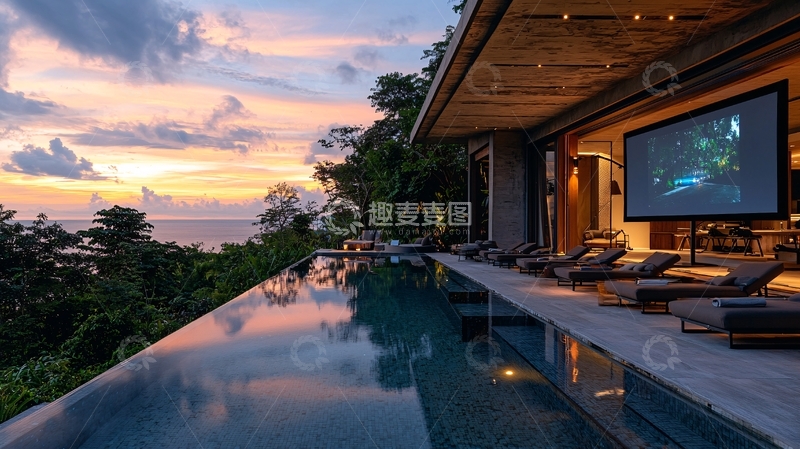 高清大图下载【趣麦麦图】海景别墅泳池落日晚霞