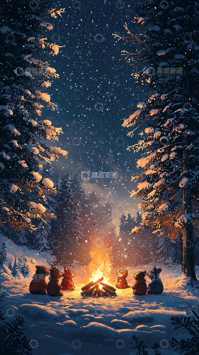 高清大图下载【趣麦麦图】雪夜篝火旁温馨的聚会