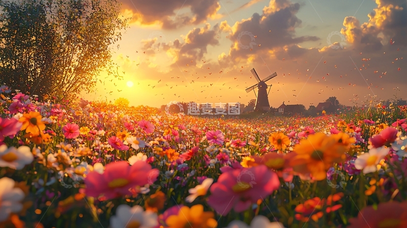 高清大图下载【趣麦麦图】绚烂花海下的风车夕阳