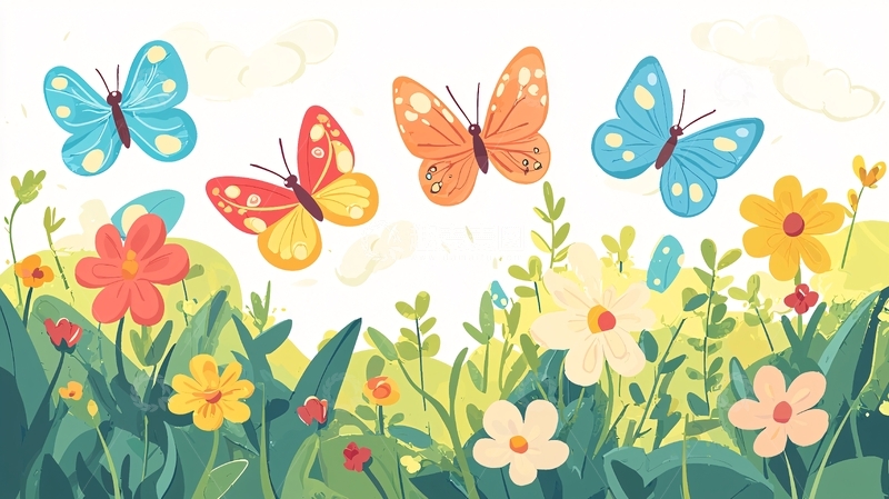 高清大图下载【趣麦麦图】彩色蝴蝶飞舞花丛