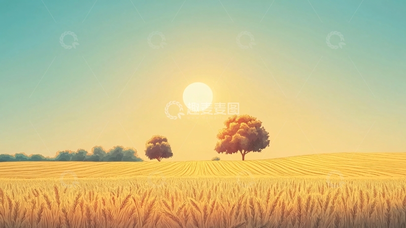 高清大图下载【趣麦麦图】金色麦田夕阳下的树木
