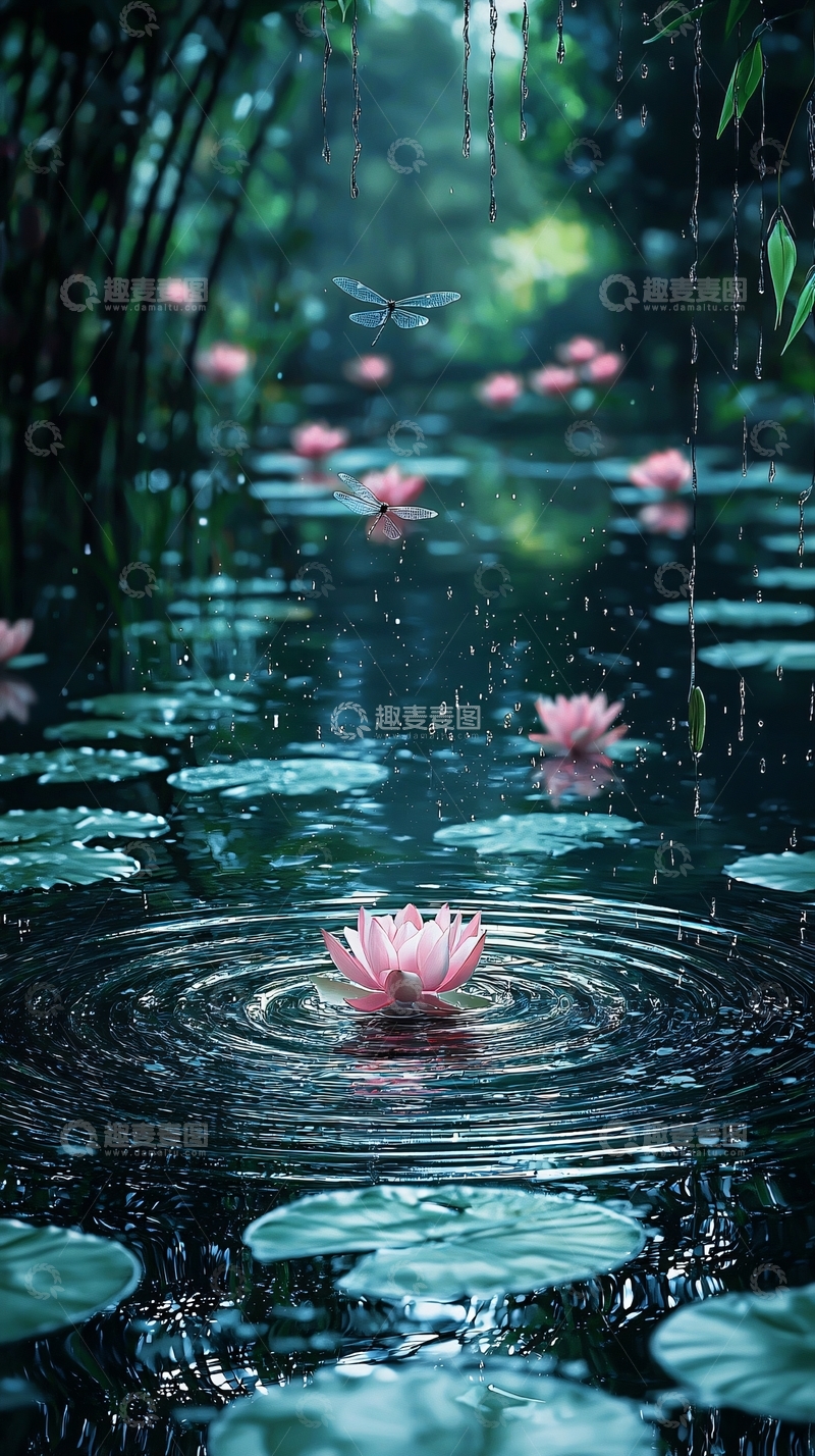 高清大图下载【趣麦麦图】池塘粉色莲花蜻蜓飞舞