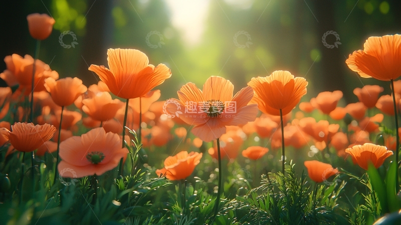 高清大图下载【趣麦麦图】阳光下橙色虞美人花田