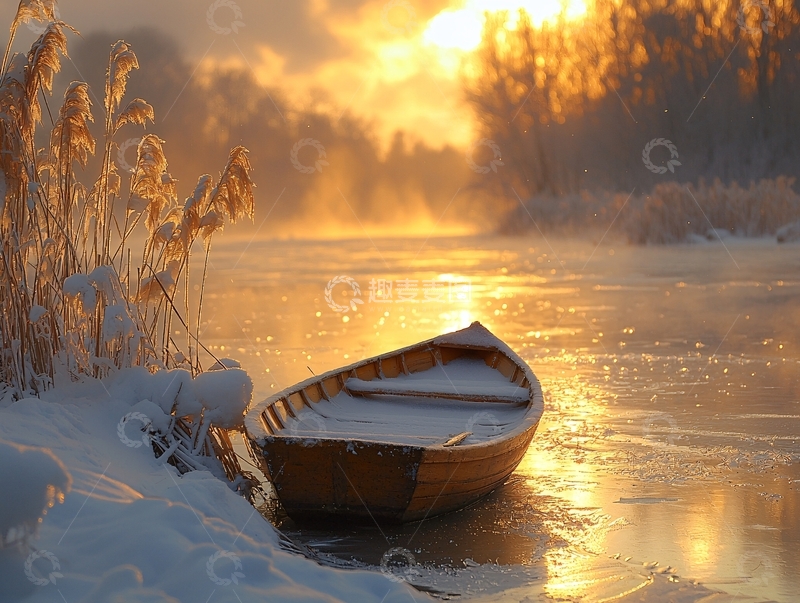 高清大图下载【趣麦麦图】冬日雪景小船