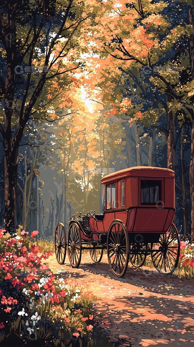 高清大图下载【趣麦麦图】秋日森林马车风景画