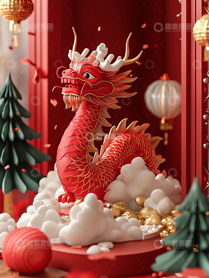 高清大图下载【趣麦麦图】红色祥龙盘踞云端
