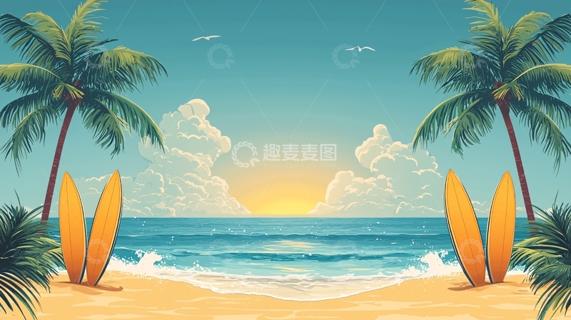 高清大图下载【趣麦麦图】热带海滩日落冲浪板风景