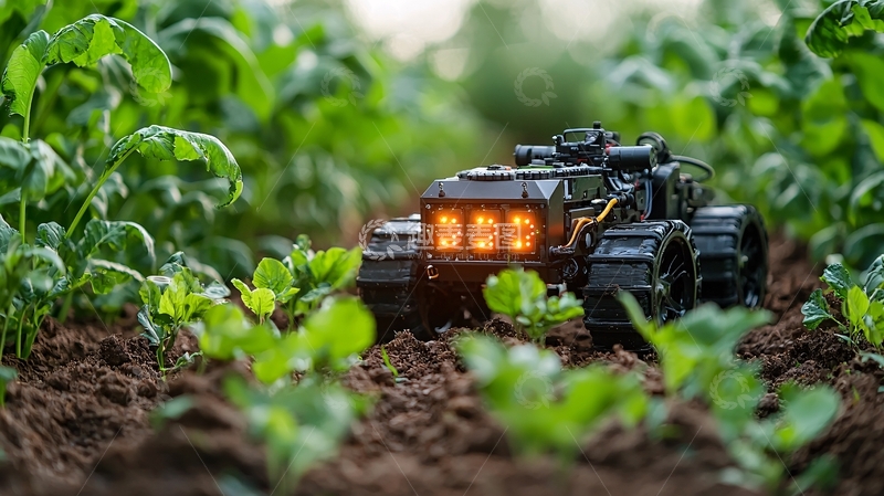 高清大图下载【趣麦麦图】-田园里黑色履带农业机器人