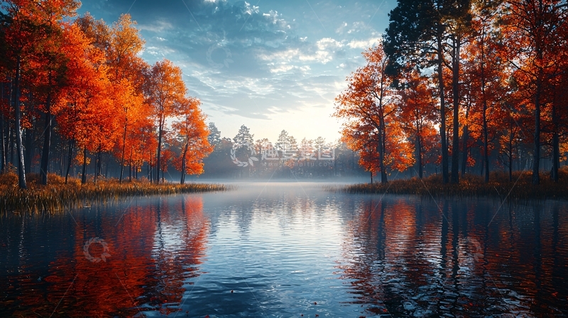 高清大图下载【趣麦麦图】秋日湖边红叶树林
