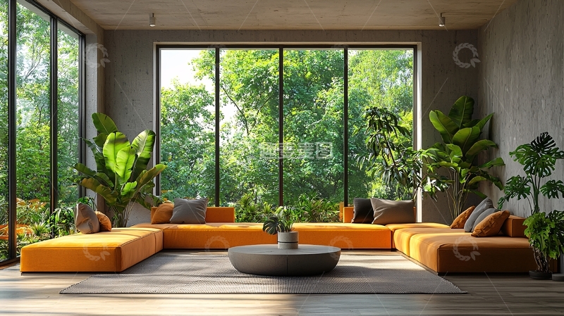 高清大图下载【趣麦麦图】落地窗前的橙色沙发