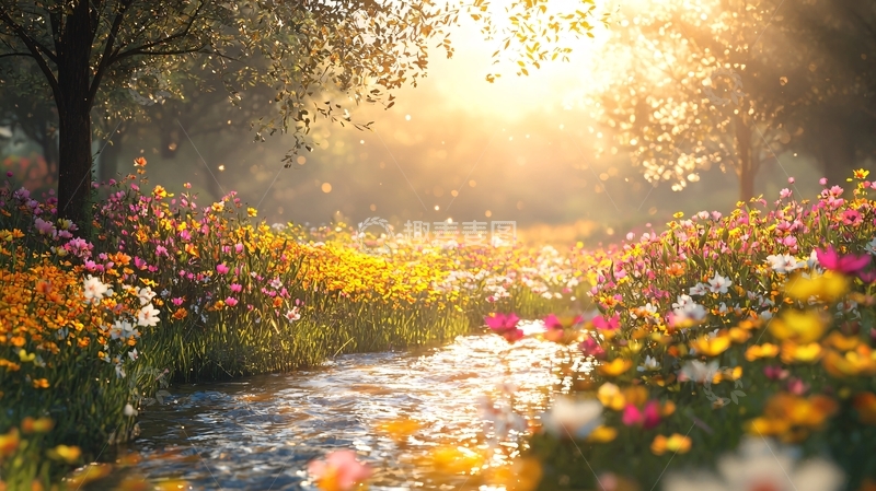 高清大图下载【趣麦麦图】阳光森林小溪花海