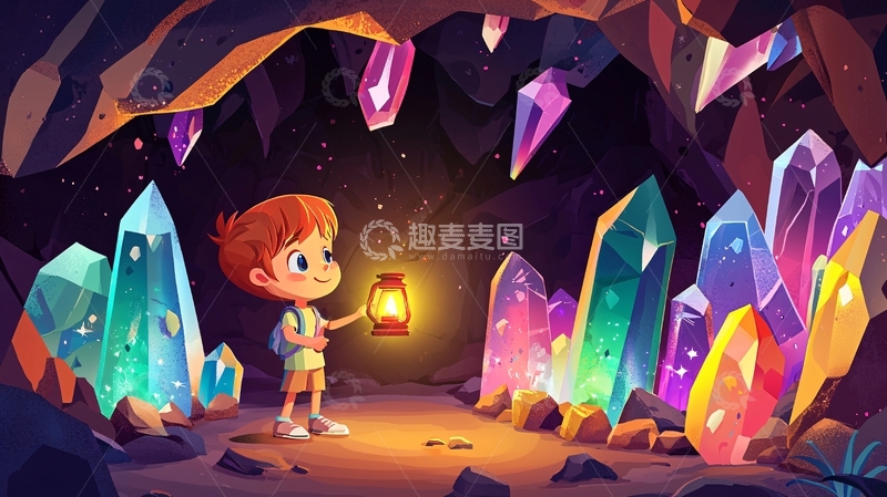 高清大图下载【趣麦麦图】卡通男孩探险水晶洞穴