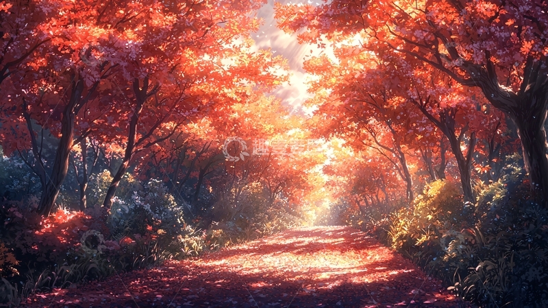 高清大图下载【趣麦麦图】秋日阳光下的红色森林