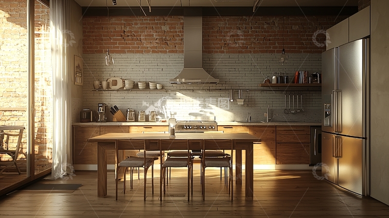 高清大图下载【趣麦麦图】阳光洒进的原木风厨房