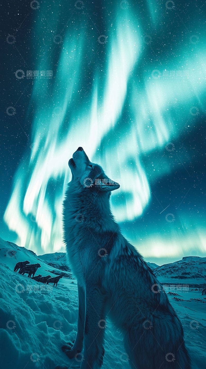 高清大图下载【趣麦麦图】极光下仰望的狼