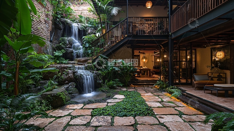 高清大图下载【趣麦麦图】庭院瀑布流水景观