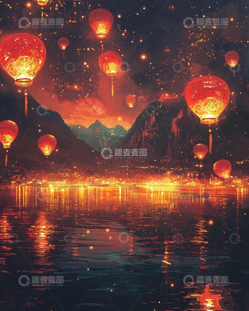高清大图下载【趣麦麦图】夜空飞舞的红灯笼