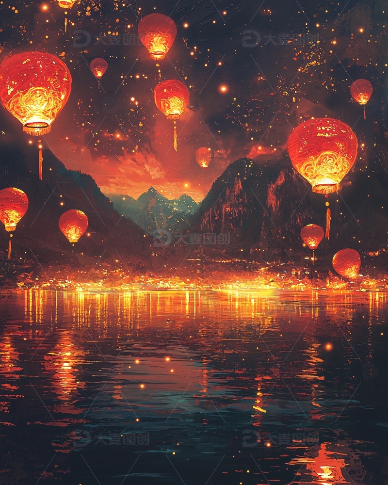 高清大图下载【趣麦麦图】夜空飞舞的红灯笼