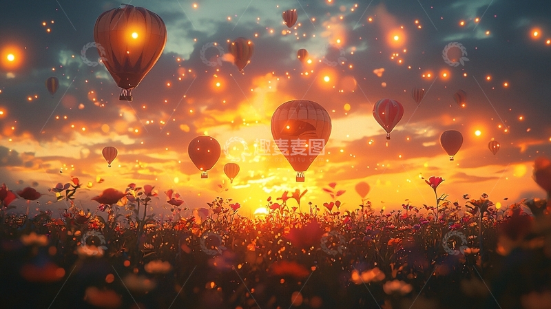 高清大图下载【趣麦麦图】热气球与花海日落