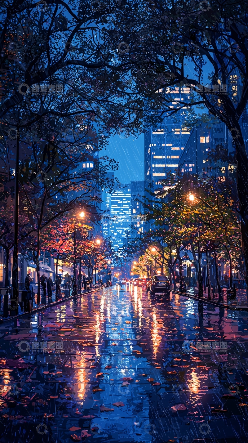 高清大图下载【趣麦麦图】夜晚雨中城市街道