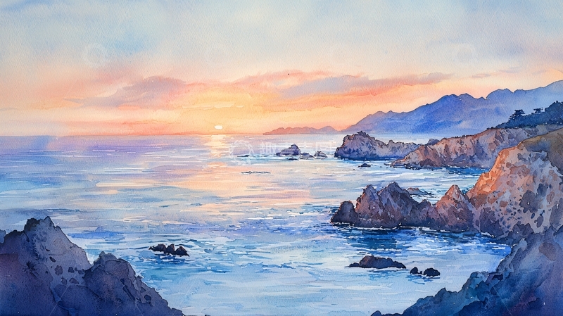 高清大图下载【趣麦麦图】水彩日落海景