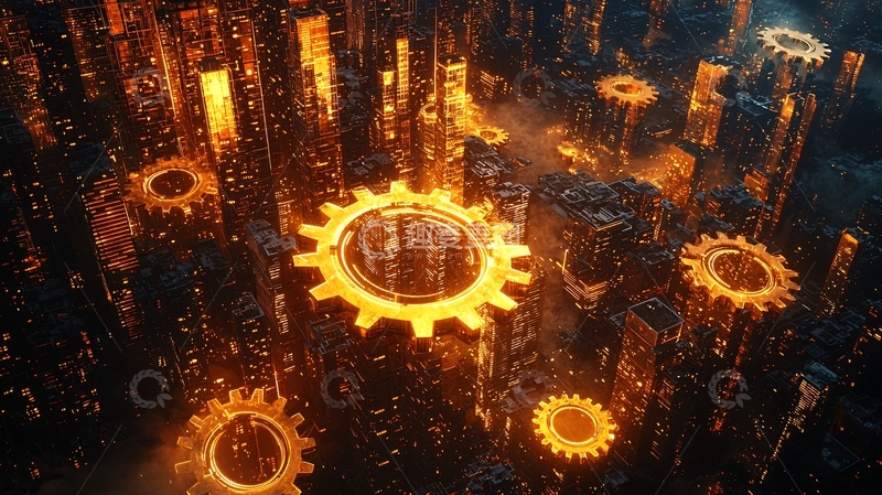 高清大图下载【趣麦麦图】火红齿轮工业未来城市