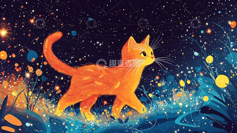 高清大图下载【趣麦麦图】橘色猫咪星空背景