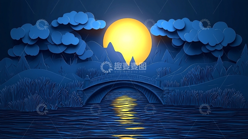 高清大图下载【趣麦麦图】蓝色剪纸风格山水夜景