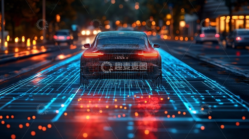 高清大图下载【趣麦麦图】夜晚城市道路自动驾驶汽车