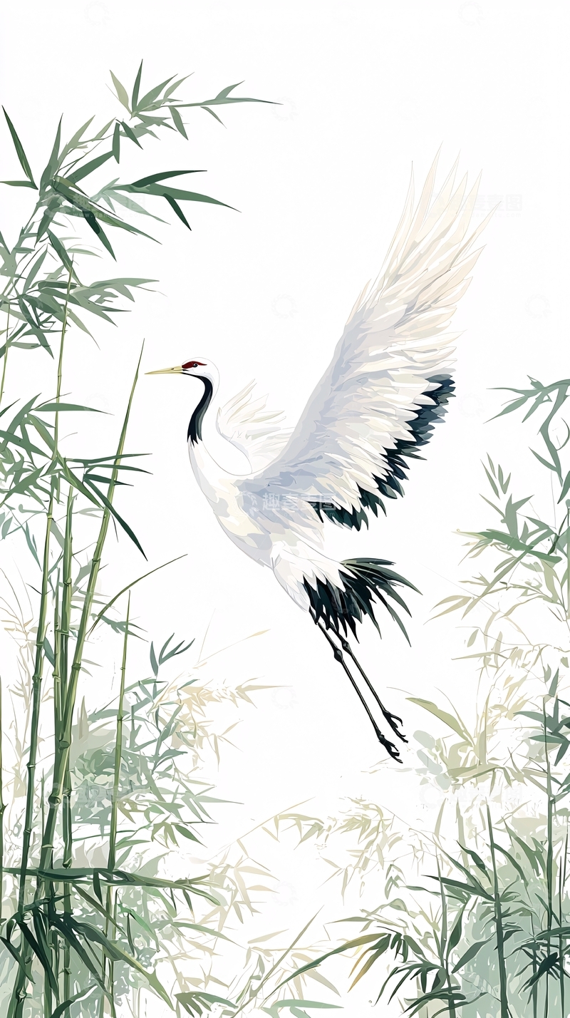 高清大图下载【趣麦麦图】白鹤飞翔竹林图