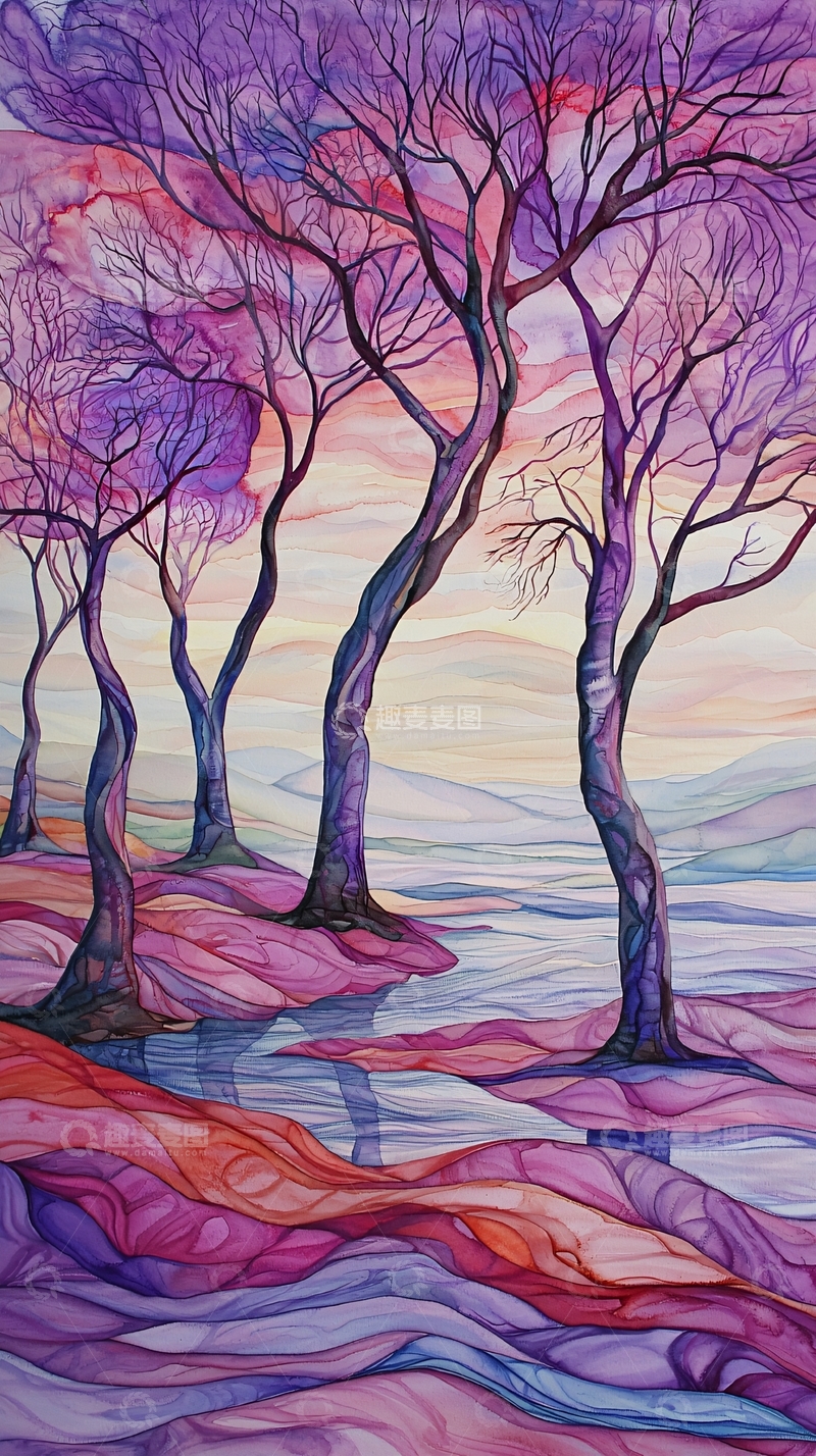 高清大图下载【趣麦麦图】-紫色树林水彩画